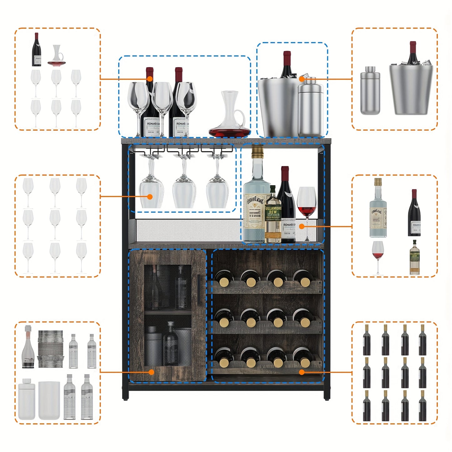 Wijnkast – Wijnrek – Wijnbar – Drankkast – Buffetkast – Industrieel Design – Verstelbare Glazenhouder – Vochtbestendig MDF Met Metaal