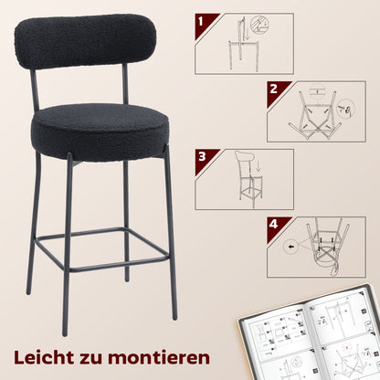 Barkrukken – Barkruk Set – Barstoelen – Hoge Stoelen – Keukenstoelen – Zwart Metalen Frame – Gewatteerd Zitvlak Met Fleece Bekleding