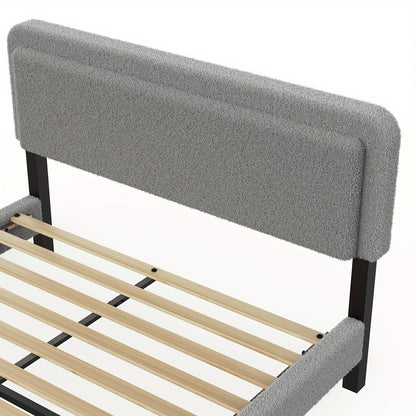 Contemporary Bed Frame with a Gray Sherpa Fleece Headboard, Single Size 90×200Cm, Featuring a Soft Fabric Design And a Detachable Backrest.