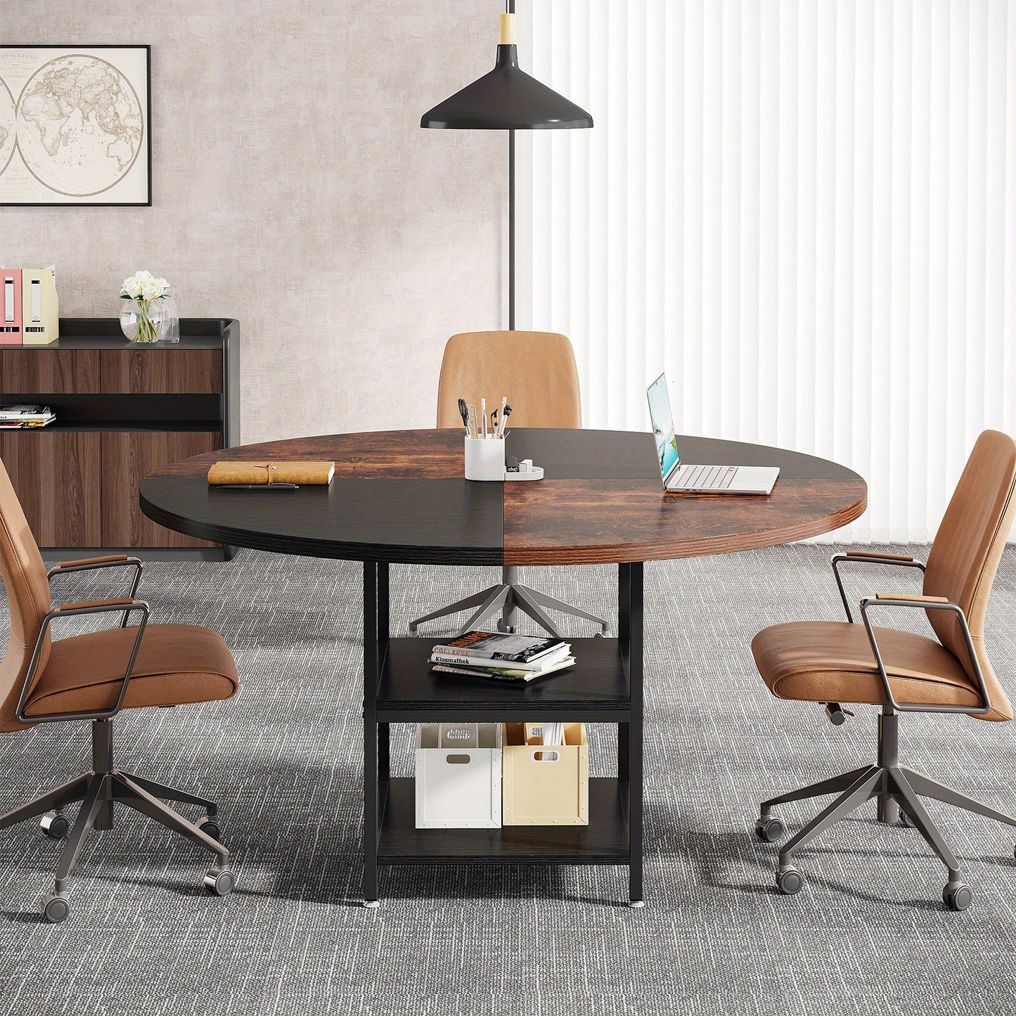 Ronde Conferentietafel – Vergadertafel – Bureautafel – Meetingtafel – Trainingstafel – Voor 4-6 Personen – Met Opbergrek – Houten Blad Met Metalen Poten – Zwart Bruin