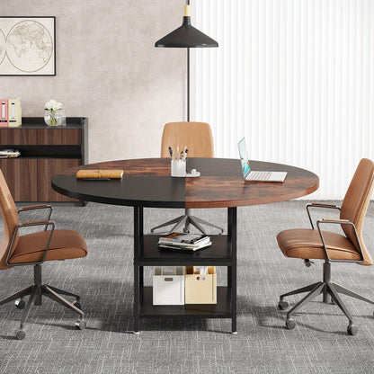 Ronde Conferentietafel – Vergadertafel – Bureautafel – Meetingtafel – Trainingstafel – Voor 4-6 Personen – Met Opbergrek – Houten Blad Met Metalen Poten – Zwart Bruin
