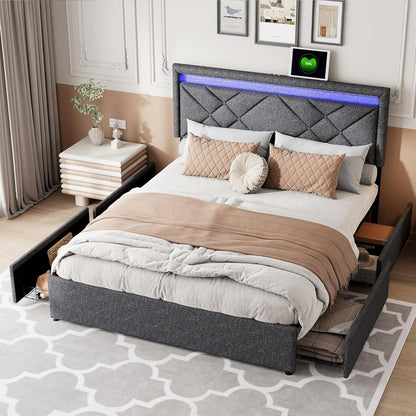 Bedkast – Tweepersoonsbed – Opbergbed – Bed Met Laden – Gestoffeerd Bed – 160x200 cm – LED Hoofdbord Met Afstandsbediening – USB Oplaadpoort