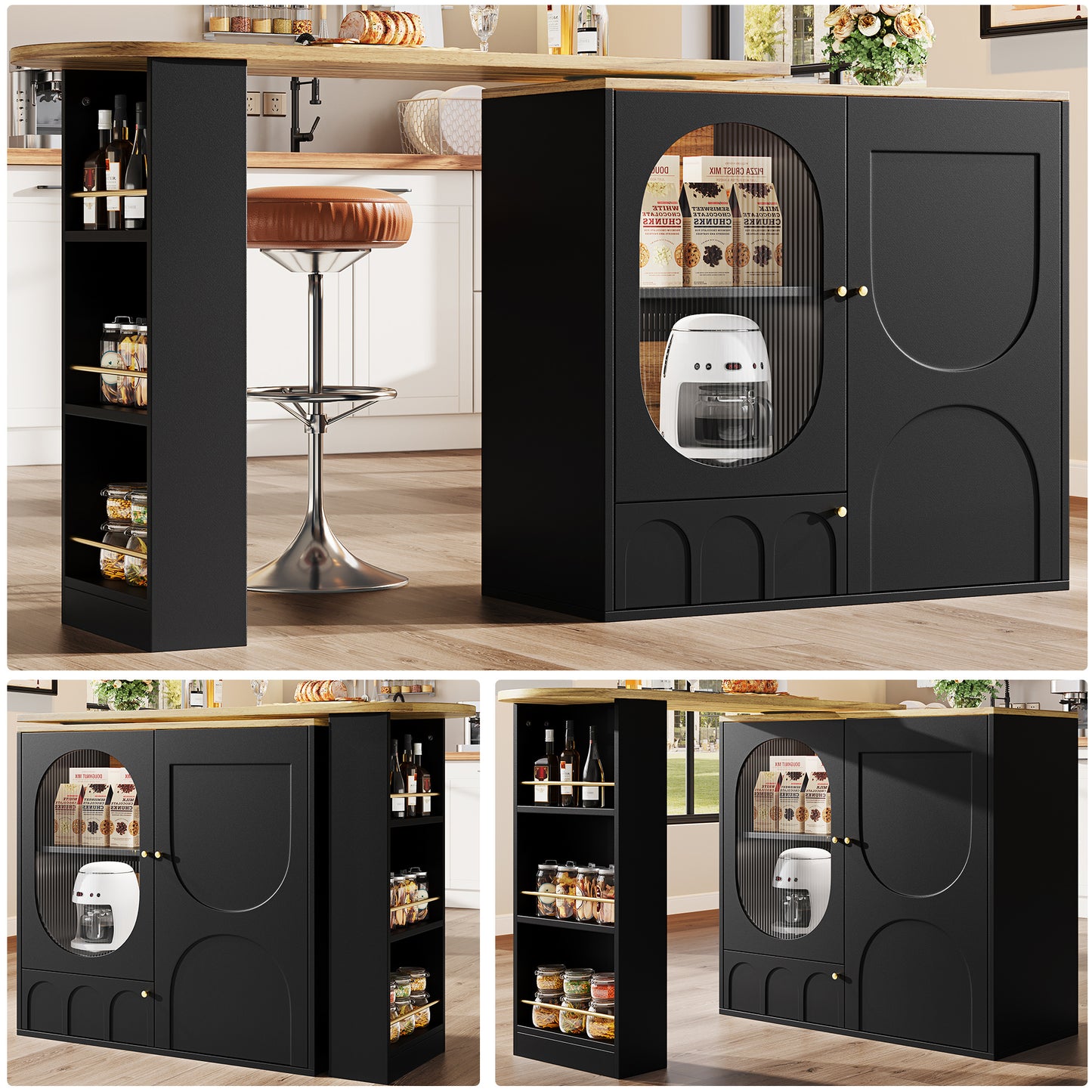 Barkast – Wijnrek – Drankkast – Bartafel – Keukentrolley – 360° Draaibaar – MDF Metalen Frame – 138x39x105 cm – 3 Deuren Met Uitneembare Scheidingswanden