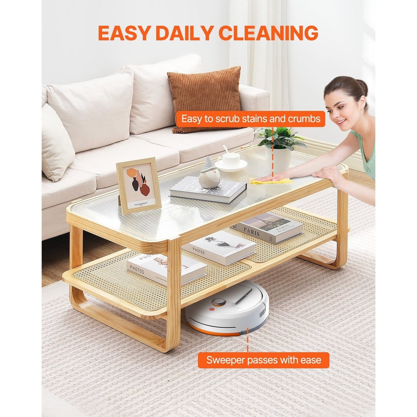 Rotan Bijzettafel – Salontafel – Rattan Tafel – Woonkamertafel – Opbergtafel – 114 cm – Handgevlochten Rattan & Gehards Glas