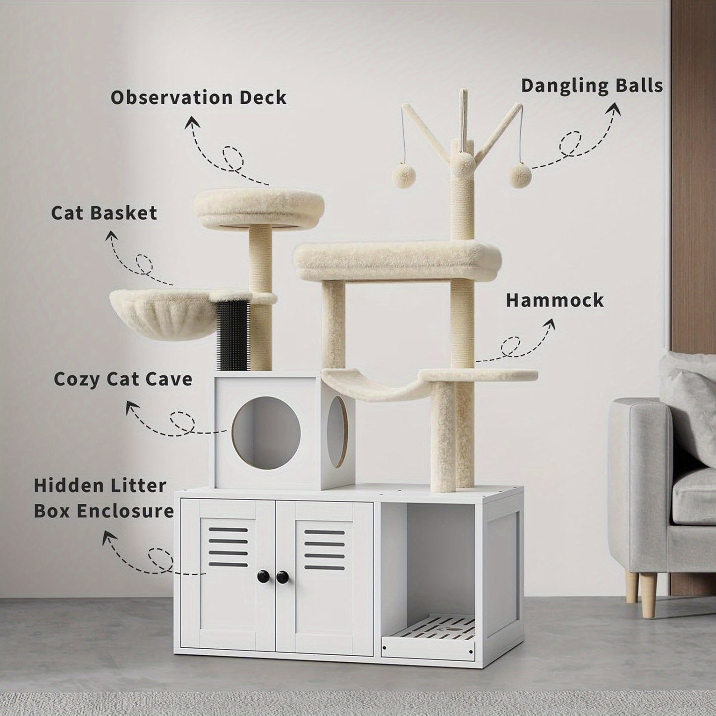 Kattenboom – Krabpaal – Speelhuis – Kattenmeubel – Kattentoren – Wit – Verborgen Kattenbak – Stevige Houten Constructie