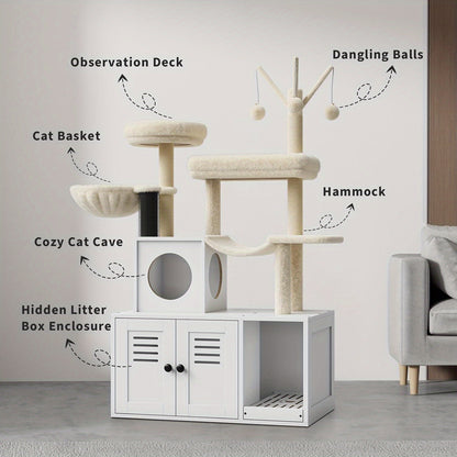 Kattenboom – Krabpaal – Speelhuis – Kattenmeubel – Kattentoren – Wit – Verborgen Kattenbak – Stevige Houten Constructie