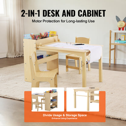 Kinderkunsttafel – Kindertafel – Speeltafel – Knutseltafel – Tafel met 2 Stoelen en Opbergkast – Geschikt voor 2-8 Jaar – Hittebestendig MDF
