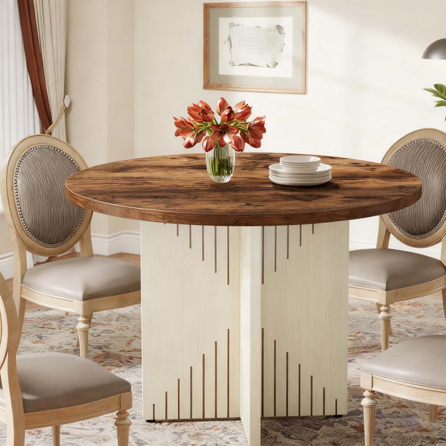 Ronde Eettafel – Dining Table – Keukentafel – Tafel Voor 4 – Ronde Tafel – Farmhouse Stijl – 100 cm Diameter – Massief Houten Blad