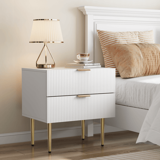 Nachtkastje – Bedtafeltje – Nachtkast – Ladekastje – Bijzettafel – Wit Met Golfpatroon – 2 Lade – Metalen Poten – Modern Design – Compact