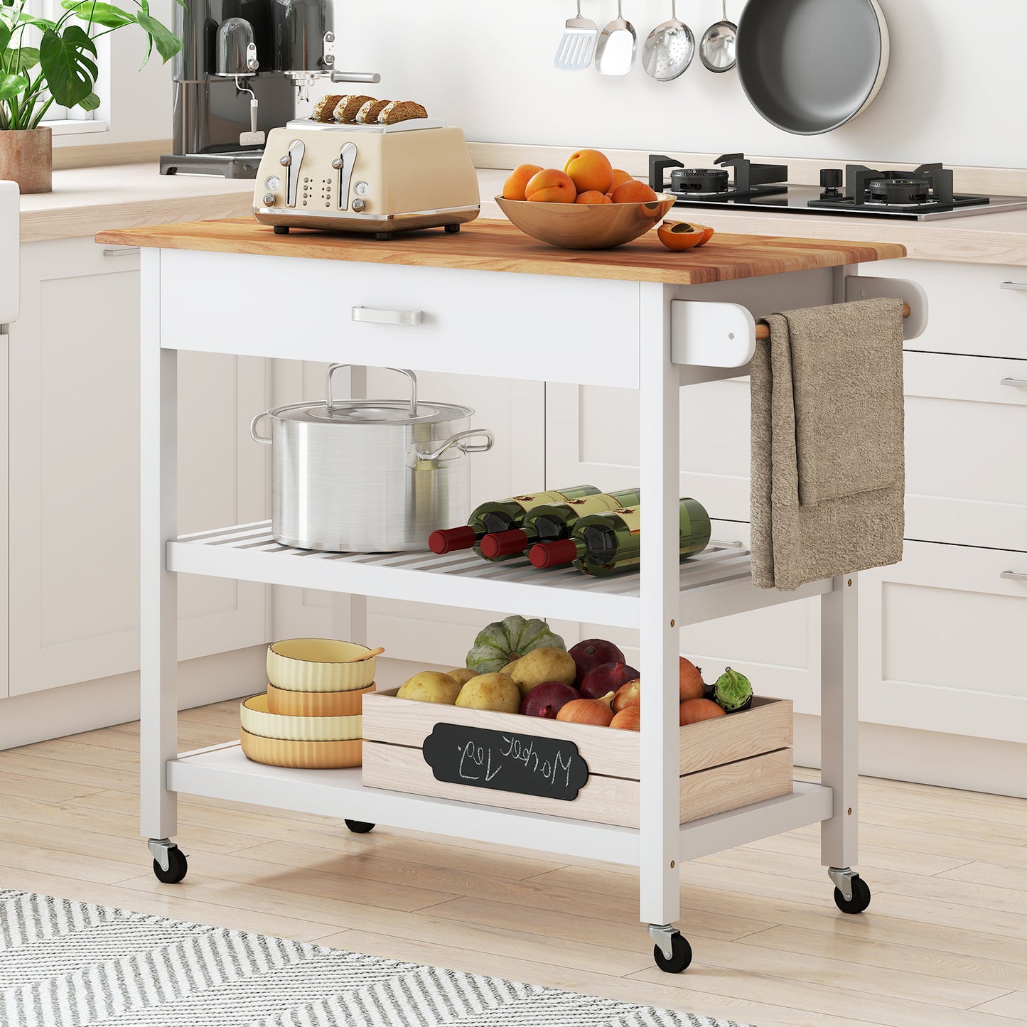 Keukeneiland – Keukenwagen – Serveertrolley – Opbergkar – Werktafel – 3 Lage Planken En Lade – Natuurlijk Hout En Witte Afwerking – Vergrendelbare Zwenkwielen