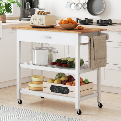 Keukeneiland – Keukenwagen – Serveertrolley – Opbergkar – Werktafel – 3 Lage Planken En Lade – Natuurlijk Hout En Witte Afwerking – Vergrendelbare Zwenkwielen