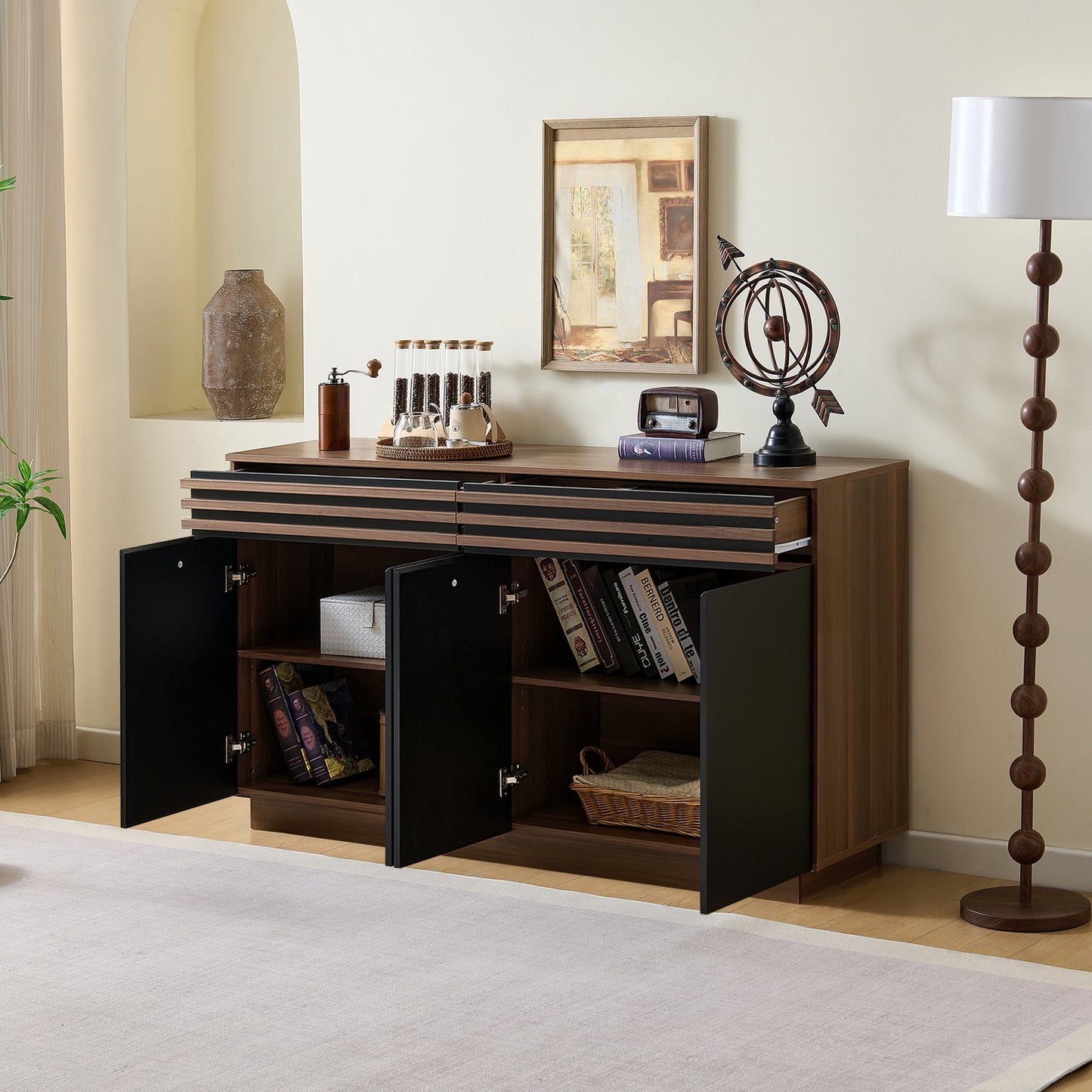 Dressoirkast – Sideboard – Buffetkast – Opbergkast – Kast – Zwart – 150x40x85 cm – MDF – 2 Lades & 4 Deuren – Ruime Opbergruimte