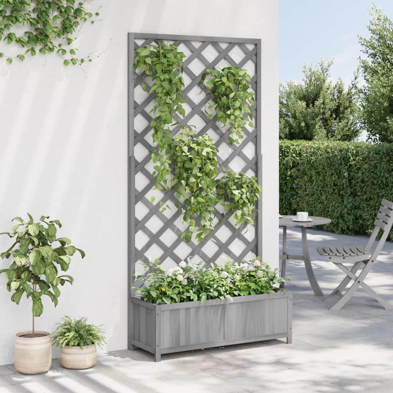Bloemenstandaard – Plantenrek – Bloemenrek – Plantentafel – Plantenhouder – Grijs Raster – Duurzaam Vurenhout – Weerbestendig