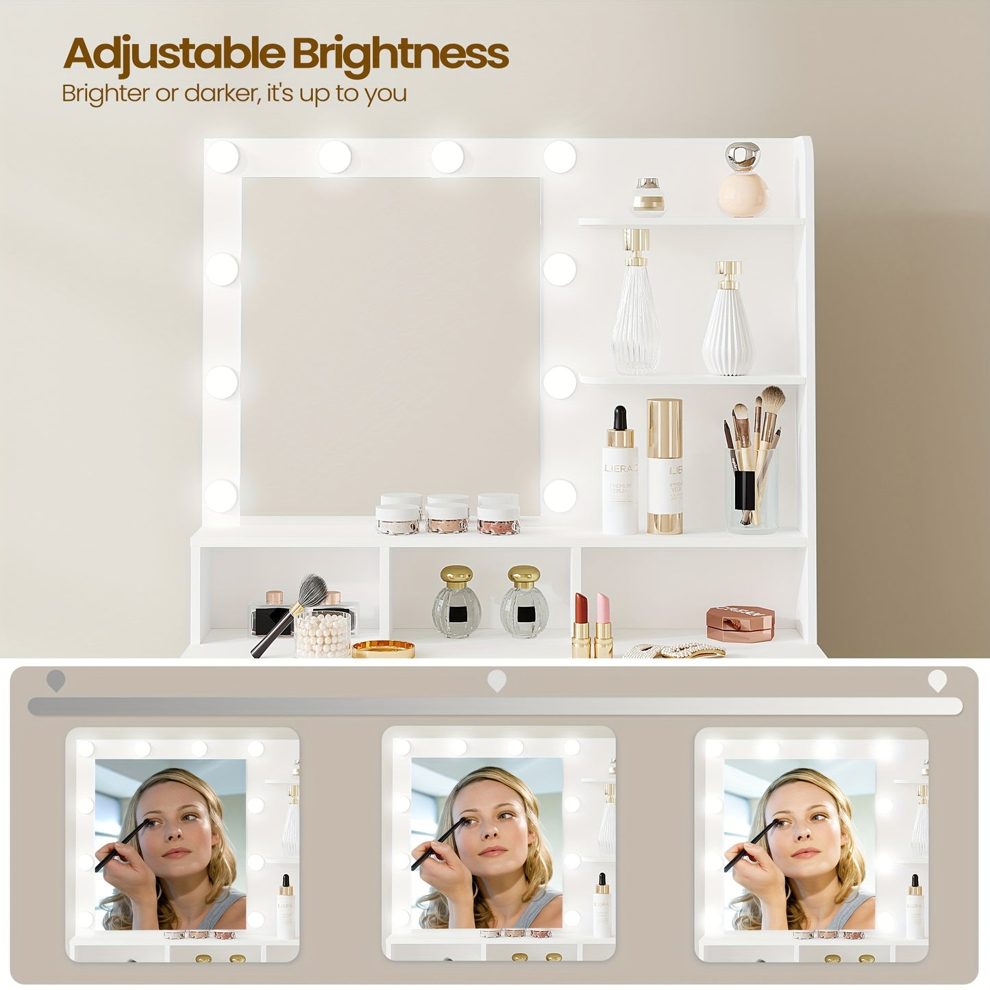 Make-uptafel – Kaptafel – Schminktafel – Dressoir – Vanity – Wit – Met Spiegel en 10 LED Lampjes – 3 Verstelbare Helderniveaus – Veel Opbergruimte met Lade en Kastje