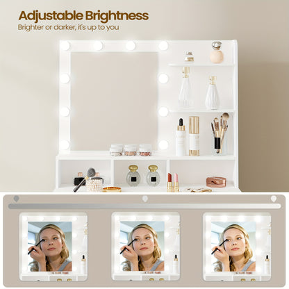 Make-uptafel – Kaptafel – Schminktafel – Dressoir – Vanity – Wit – Met Spiegel en 10 LED Lampjes – 3 Verstelbare Helderniveaus – Veel Opbergruimte met Lade en Kastje