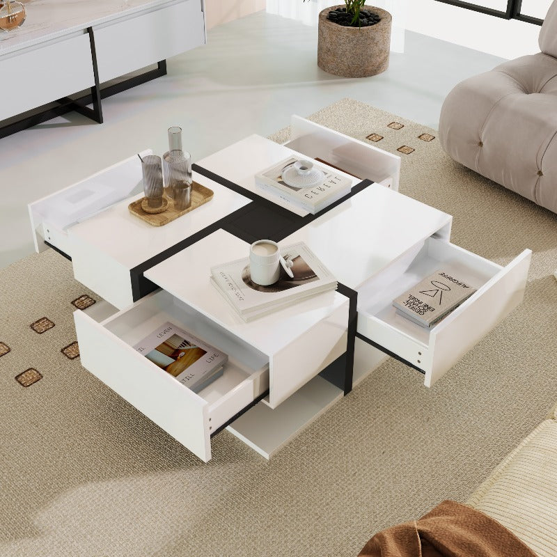 Moderne Salontafel – Hoge Glans Tafel – Opbergtafel – Lade Tafel – Vierkante Tafel – 4 Uittrekbare Laden – Duurzame Constructie – 78x78x36 cm