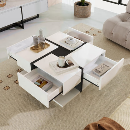 Moderne Salontafel – Hoge Glans Tafel – Opbergtafel – Lade Tafel – Vierkante Tafel – 4 Uittrekbare Laden – Duurzame Constructie – 78x78x36 cm