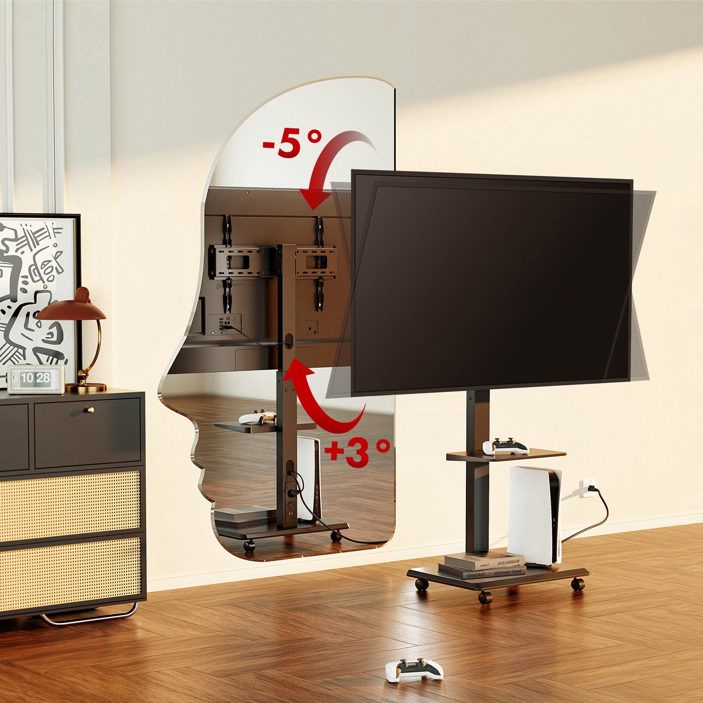 Tv meubel – Tv kast – Tv dressoir – Tv steun – Tv standaard – Mobiel verrijdbaar – Geschikt voor 37-75 inch – Draagvermogen 50 kg – Met plank en geïntegreerde stroomvoorziening