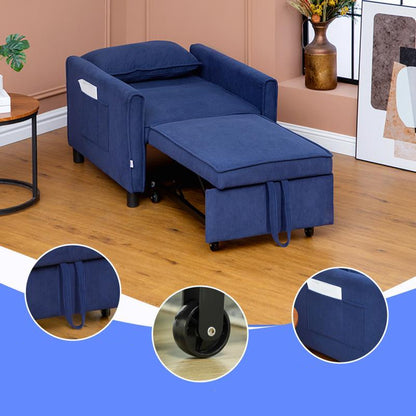 3-in-1 Fauteuilbed – Opvouwbare Stoel – Relaxfauteuil – Slaapstoel – Verstelbare Ligstoel – Verstelbare Rugleuning – Stevige Lendensteun – Duurzaam Polyester – Blauw – Met Zijzakken