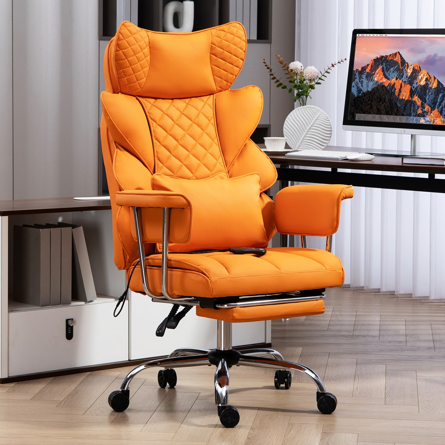 Bureaustoel Ergonomische Stoel Bureaustoel XL Bureaustoel Groot Bureaustoel Zwaar – Oranje – Draagvermogen 227 kg – PU Leer Met Lendensteun & Verstelbare Hoogte