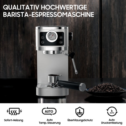 Espressomachine – Koffiezetapparaat – Koffiemachine – Halfautomaat – Compacte Espressoapparaat – 20 Bar Pomp – Roestvrijstalen Melkschuimer – 1350W Vermogen – 1,3L Waterreservoir