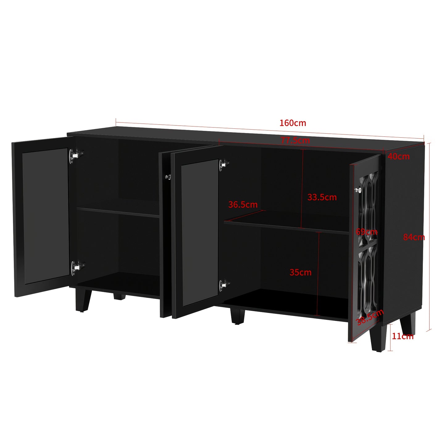 Black Mirrored Sideboard with Cool Crystal Handles, Four Doors And Removable Shelves. Suitable for Living And Dining Rooms, Dimensions: 160 X 40 X 84cm