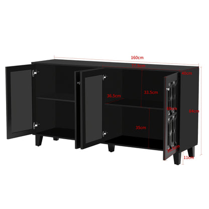 Black Mirrored Sideboard with Cool Crystal Handles, Four Doors And Removable Shelves. Suitable for Living And Dining Rooms, Dimensions: 160 X 40 X 84cm