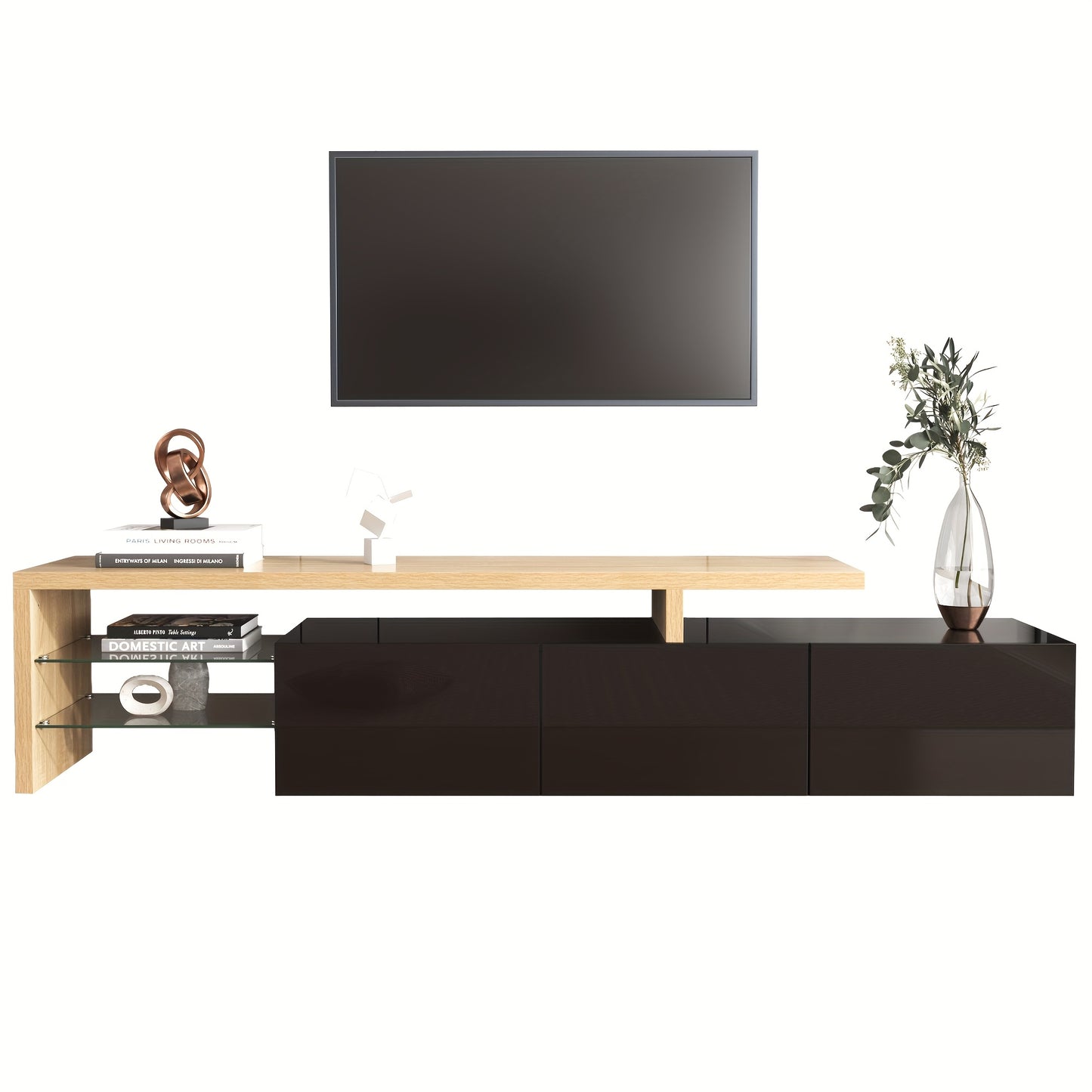 Modern TV Stand with Glass Shelves & Wood-Look Finish - High-Gloss Black Metal Frame, Practical Storage Space, Minimalist Design for Living Room Entertainment, Entertainment Unit, Decorative Accents, Sleek Construction