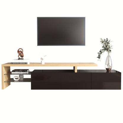 Modern TV Stand with Glass Shelves & Wood-Look Finish - High-Gloss Black Metal Frame, Practical Storage Space, Minimalist Design for Living Room Entertainment, Entertainment Unit, Decorative Accents, Sleek Construction