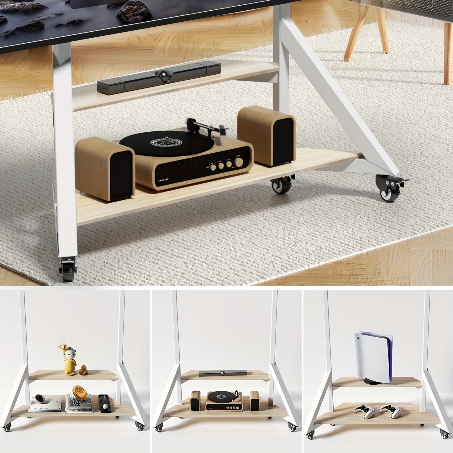 Mobiele Tv-Stand – Tv Meubel Met Wielen – Verplaatsbare Tv-Standard – Platte Scherm Houder – Verrijdbare Tv-Kaart – Voor 65-100 Inch – Verstelbare Hoogte – Stabiel Metaal Frame