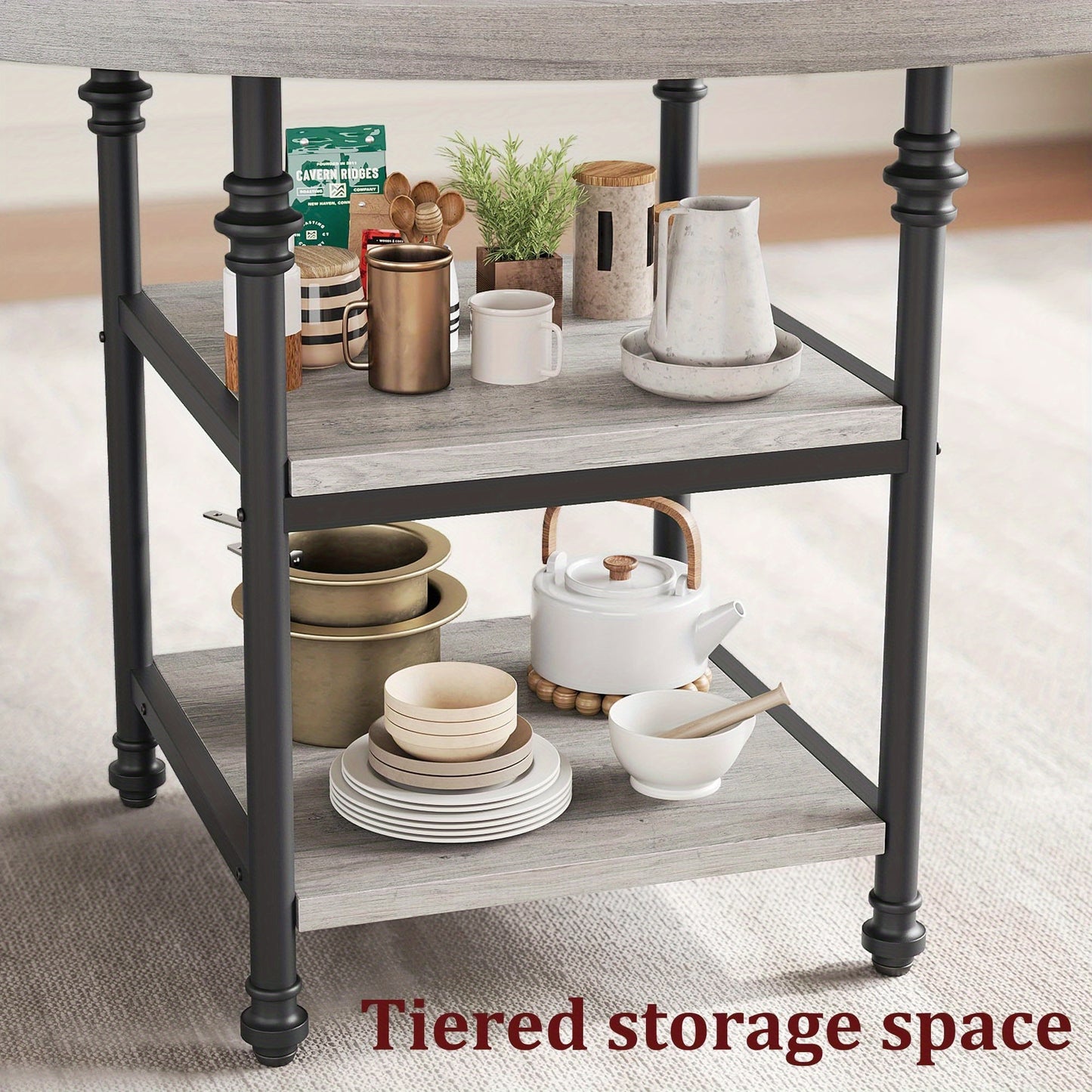 Ronde Eettafel – Dining Table – Tafel – Keukentafel – Eetkamertafel – Grijs – 2-laags Opbergruimte – Stevig Metalen Frame