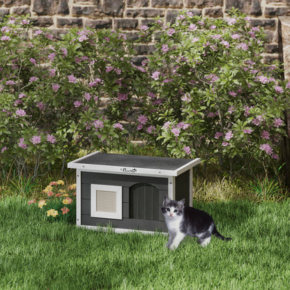 Kattenhuis – Huisdierhuisje – Houten Kattenhut – Knus Dierenverblijf – Krabpaal Mat – Grijs – Waterafstotend Grenenhout – Inclusief Deurflap en Krabmat
