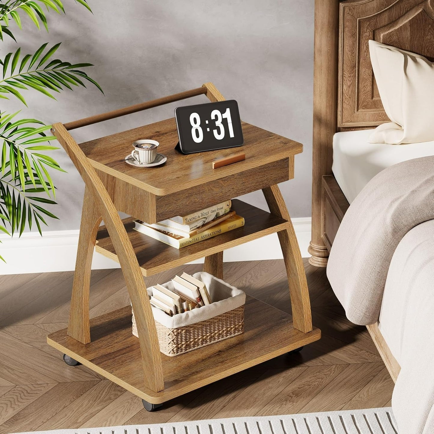 3-Laags Verrijdbaar Bijzettafeltje – Rollend Trolley – Werktafel – Bedtafel – Opbergbak – Verstelbare Hoogte – Wit Hout – Ruimtebesparend & Mobiel