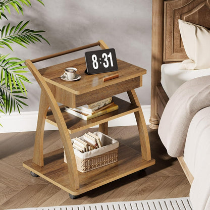 3-Laags Verrijdbaar Bijzettafeltje – Rollend Trolley – Werktafel – Bedtafel – Opbergbak – Verstelbare Hoogte – Wit Hout – Ruimtebesparend & Mobiel