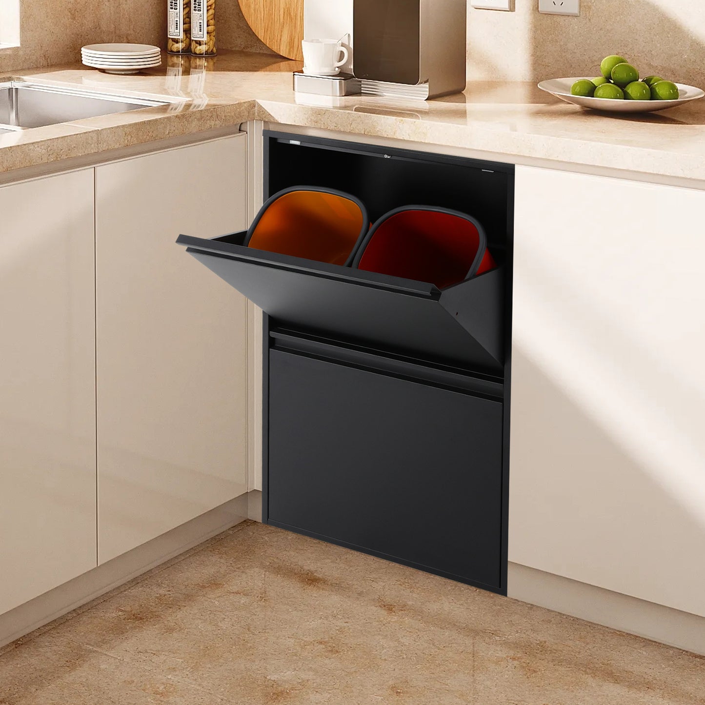 4x15L Kitchen Trash Can | Black, Sorting Trash Bin, Rubbish Storage Cabinet, Carbon Steel, Rectangle Shape, NaMaSyo Brand