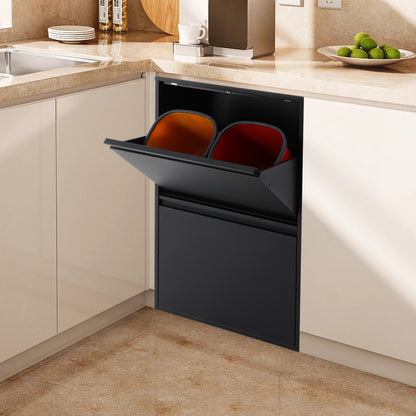 4x15L Kitchen Trash Can | Black, Sorting Trash Bin, Rubbish Storage Cabinet, Carbon Steel, Rectangle Shape, NaMaSyo Brand