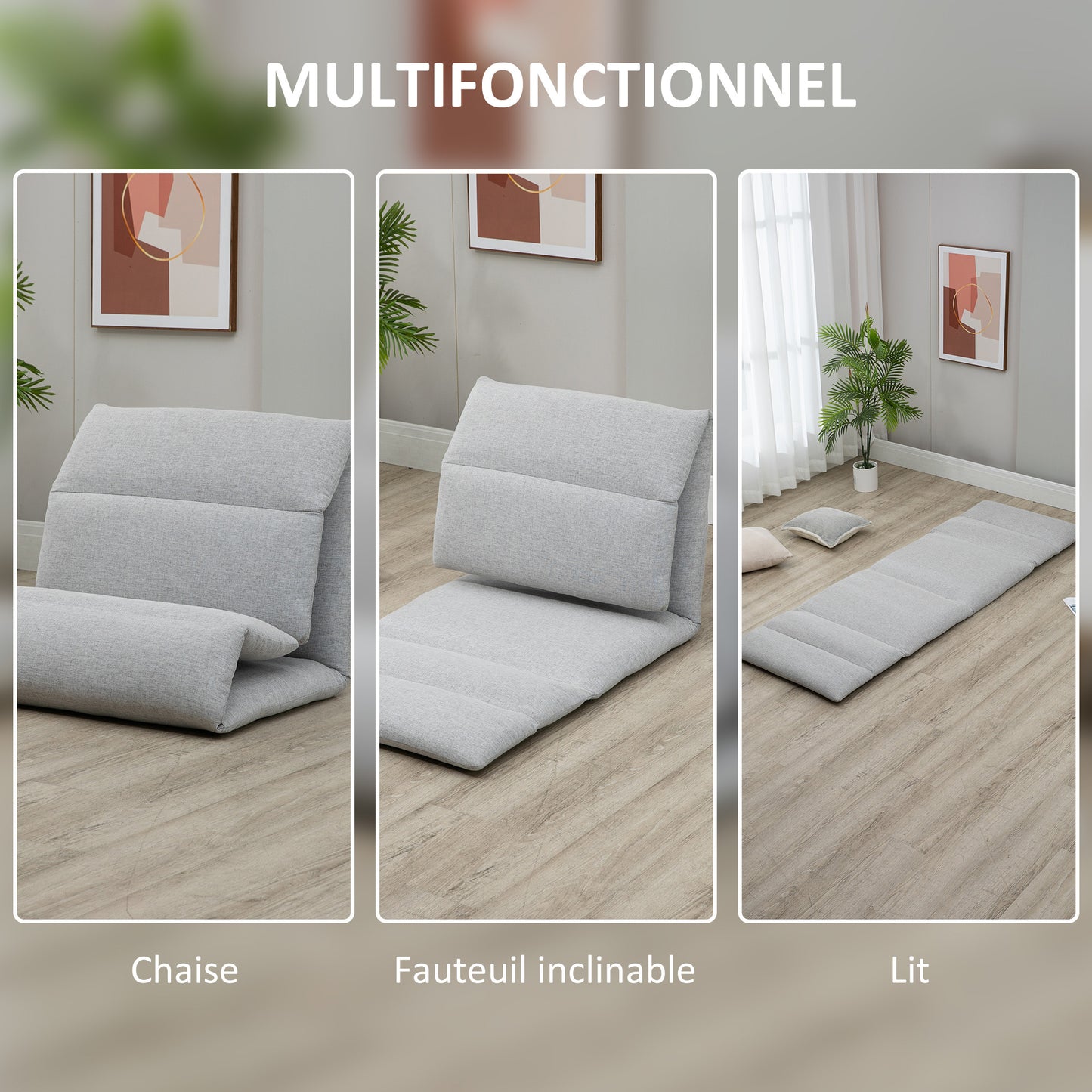 Vloersofa – Loungestoel – Fauteuil – Relaxstoel – Slaapstoel – Verstelbaar in 5 standen – Polyester linnenlook bekleding – Compact formaat 72x71x60 cm – Grijs