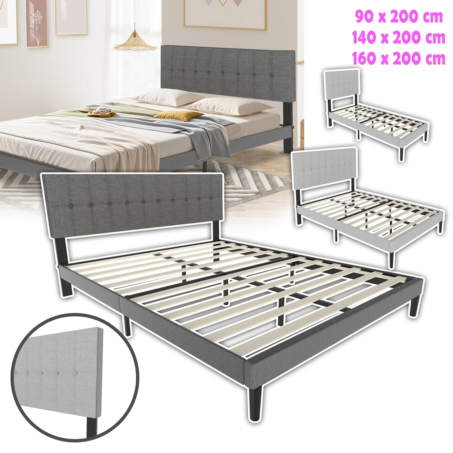 Bedframe – Bed – Slaapbed – Ledikant – Boxspring – 140x200 cm – Linnen Bekleding – Stevig Metalen Frame – 12 Latten Voor Optimale Ventilatie
