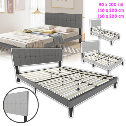 Bed – Bedframe – Slaapbed – Ledikant – Bedombouw – Lichtgrijs – 140x200 cm – Linnen Bekleding – Stevig Metaal – 12 Lattenbodems – Hoogwaardig Comfort