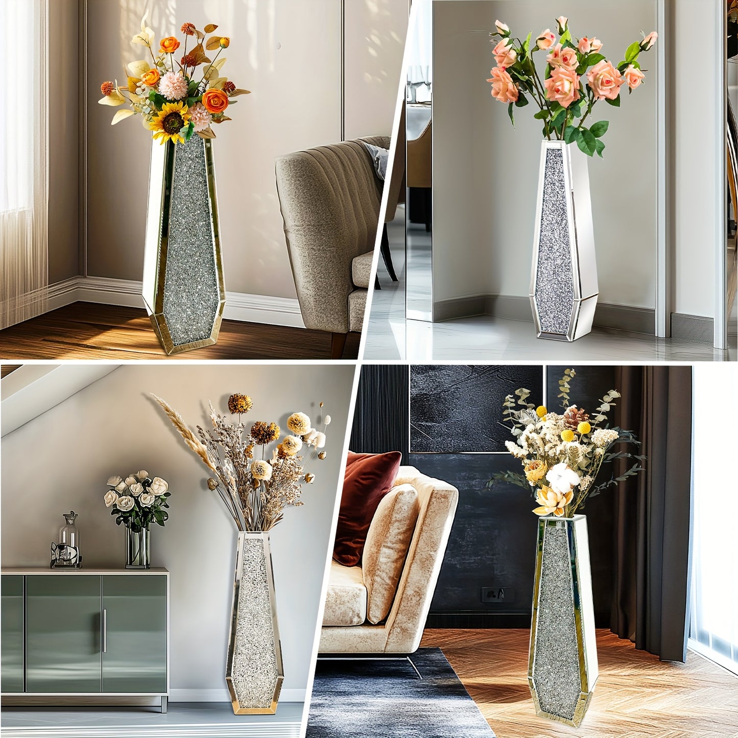 Extra Hoge Vaas – Grote Vazen – Bloemvaas – Interieurvaas – Decoratieve Vaas – Set Van 2 – Spiegelend Glas Met Crushed Diamond – 68 Cm Hoog
