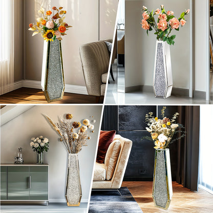 Extra Hoge Vaas – Grote Vazen – Bloemvaas – Interieurvaas – Decoratieve Vaas – Set Van 2 – Spiegelend Glas Met Crushed Diamond – 68 Cm Hoog