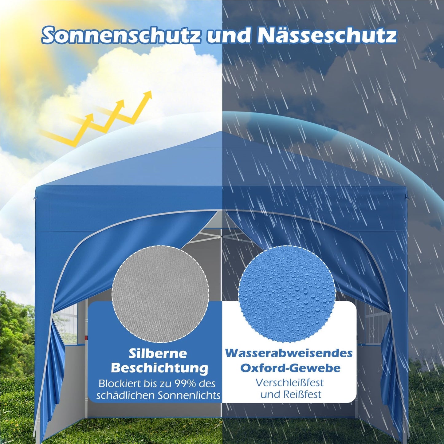 Vouwpaviljoen – Tuinpaviljoen – Partytent – Terrasoverkapping – Zonnescherm – 3x3 m – 4 Afneembare Zijwanden – UV Bescherming 50+ – Inclusief Zandzakken en Draagtas – Blauw