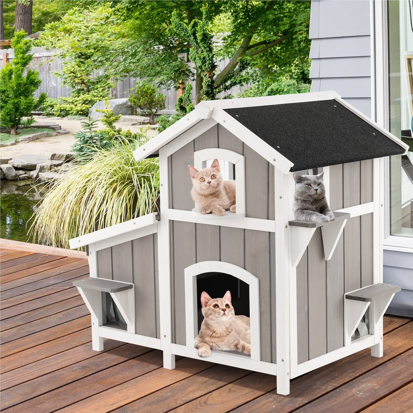 Kattenhuis – Kattenhut – Kattenvilla – Huisdierverblijf – Kattenhuisje – 2-Delig Met Asfalt Dak – Weerbestendig Hout 100x64x82,5 cm Grijs