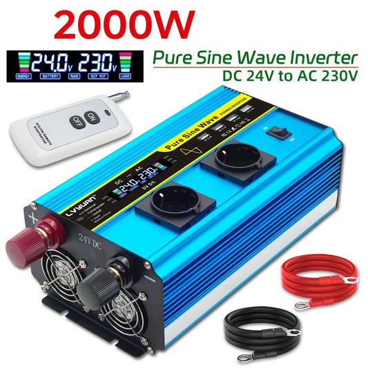 Spanningsomzetter – Omvormer – Inverter – Converter – Wisselstroomomzetter – 24V 2000W – Pure Sinusgolf – 2 AC Stopcontacten & 4 USB-poorten