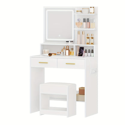 Kaptafel – Make-up Tafel – Dressing Table – Cosmeticatafel – Witte Kaptafel Met Zitkruk – 2 Lades & Open Planken – Ingebouwd Oplaadstation & Instelbare LED-Verlichting – 80x40x140 cm