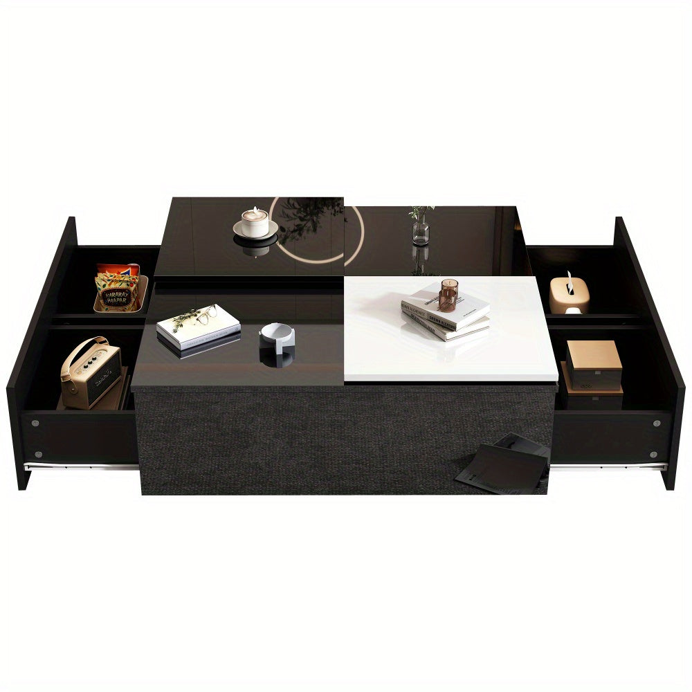Salontafel – Koffietafel – Bijzettafel – Woonkamertafel – Tafeltje – Hoogglans Zwart – Wit Schuifblad – Compact 75x75x33,5 cm – Draagkracht 30 kg