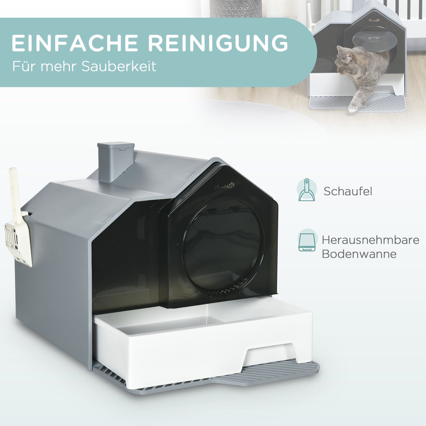 Kattenbak – Kattenbakhuis – Kattenbak Met Deksel – Katten Toilet – Kattenbak Met Deurtje – Afsluitbare Kattenbak – Geurfilter en Uitneembare Onderbak – Compact en Draagbaar – Grijs