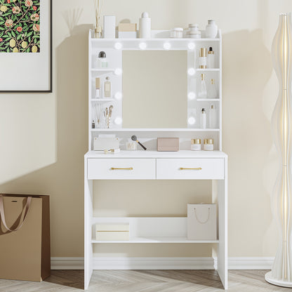 Kaptafel – Make-uptafel – Verzorgingstafel – Schminktafel – Toilettafel – Verstelbare Dimbare LED-Verlichting – Compact Formaat 40x80x149 cm – Wit