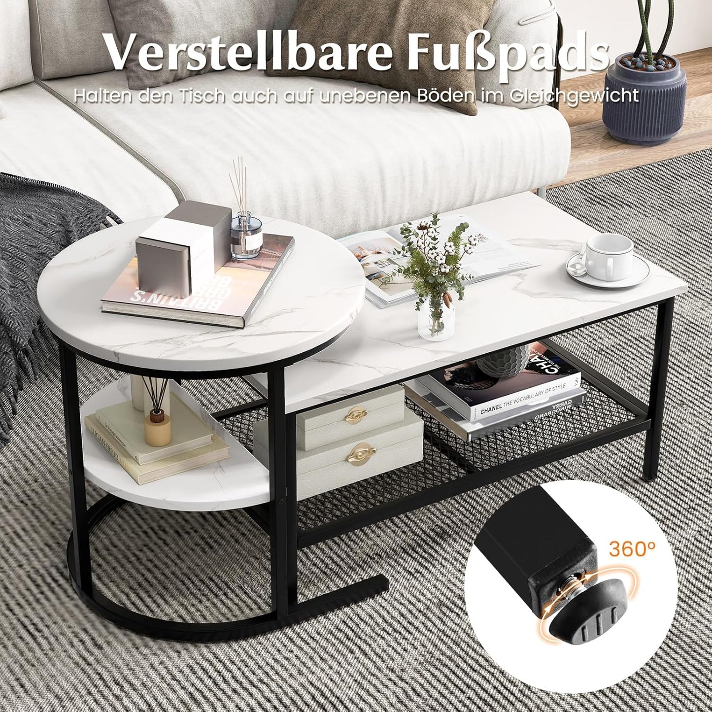 Salontafel – Bijzettafel – Woonkamertafel – Sofa Tafel – 2-Delige Set – Marmerlook Tafelbladen – Stevig Metalen Frame
