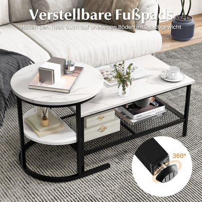 Salontafel – Bijzettafel – Woonkamertafel – Sofa Tafel – 2-Delige Set – Marmerlook Tafelbladen – Stevig Metalen Frame